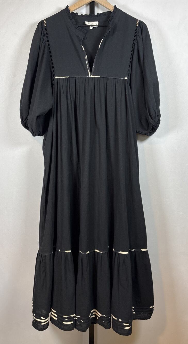 Omika Wren Midi Dress‎ Women's Large Black Cotton Linen Boho Beach NO BELT
